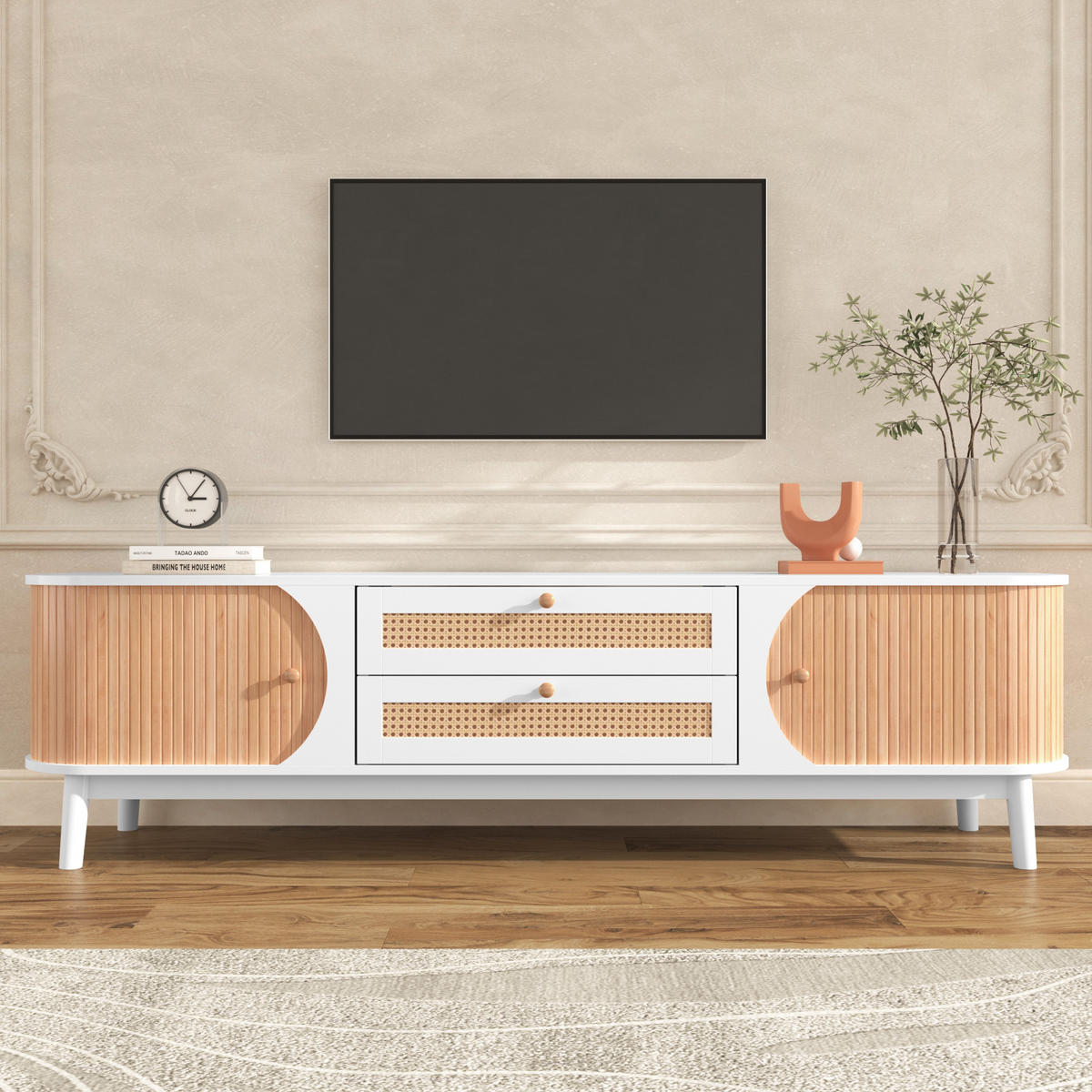 TV-SCHRANK in Weiß und Holzoptik mit Rattan-Schubladen 170/39.5/46 cm - Weiß, Holzwerkstoff (170/46/39.5cm) - Redom