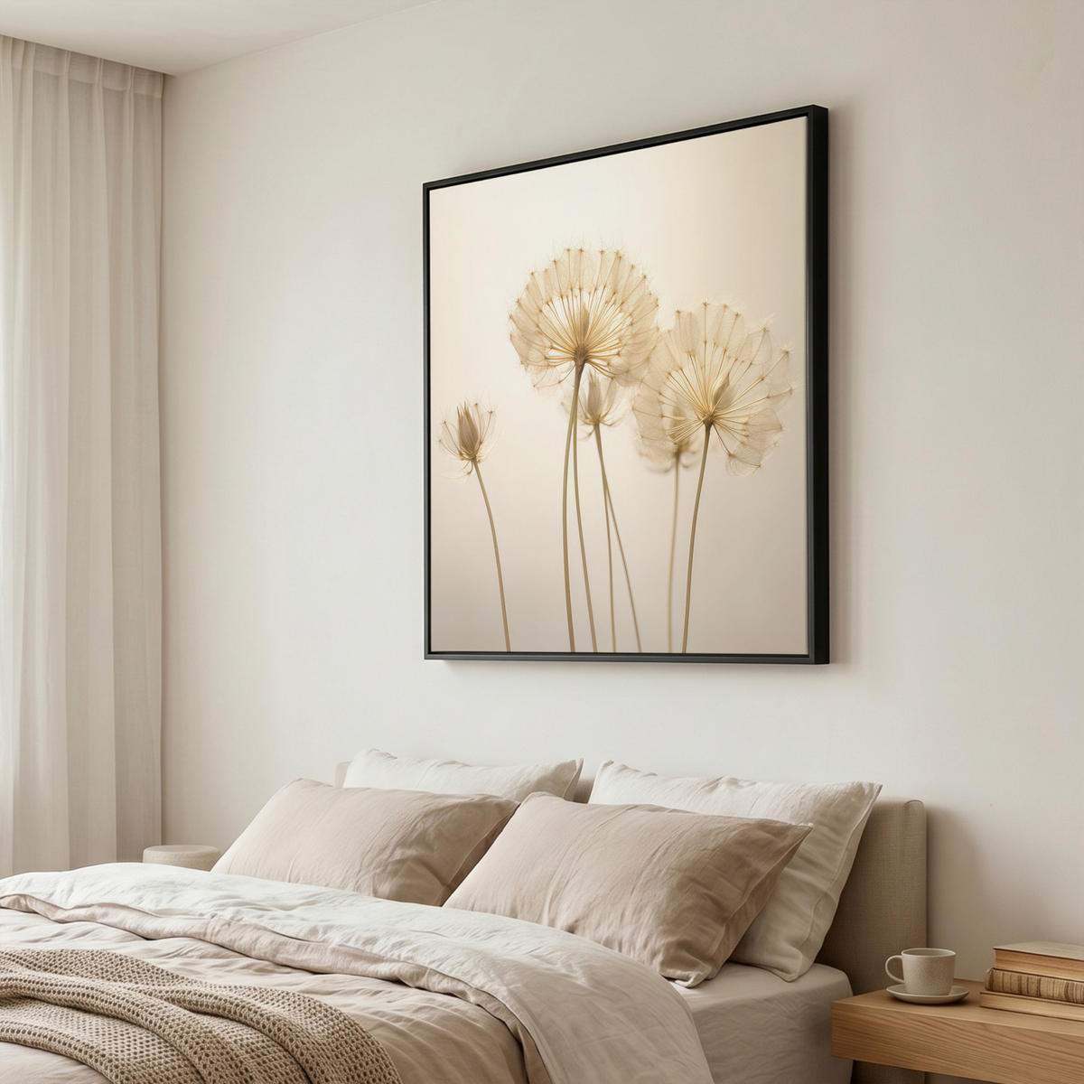 LEINWAND Bilder mit Rahmen - Sonnenlicht - Löwenzahn - Botanisch - Blumen - 90x90 - Creme, Textil (90/90cm) - MuchoWow