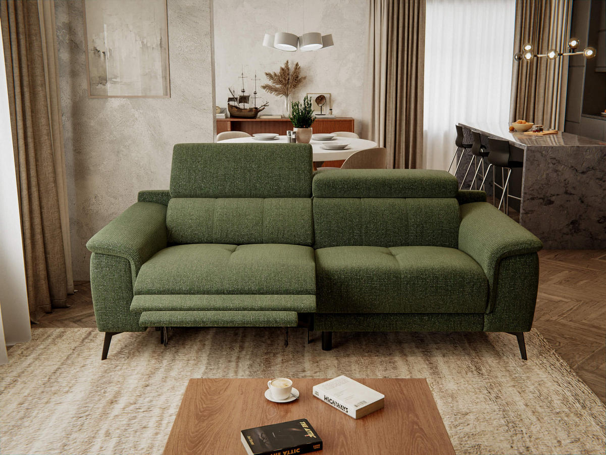 RELAXSOFA FIERO 3-Sitzer mit 1 Relaxfunktion, olivgrün - Schwarz/Olivgrün, Holzwerkstoff/Textil (212/82/103cm) - Courtois Laville