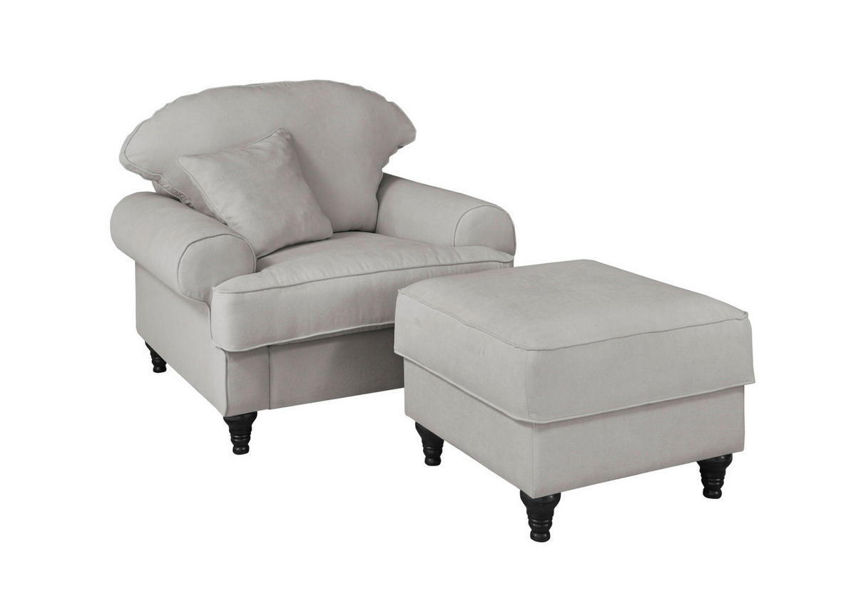 SESSEL-SET hellgrau Landhaus, Loungesessel inklusive Hocker - Hellgrau/Braun, Holz/Textil (175/95/110cm) - Furn.Design