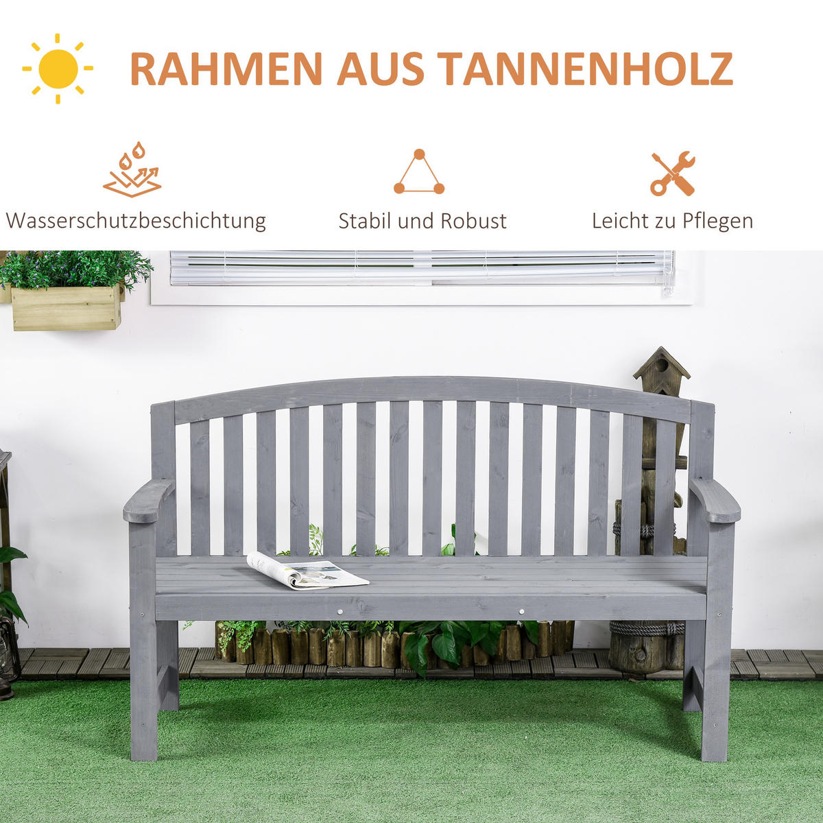 GARTENBANK 2-Sitzer Grau 143/51/85 cm - Grau, Holz (51/85/143cm) - Outsunny