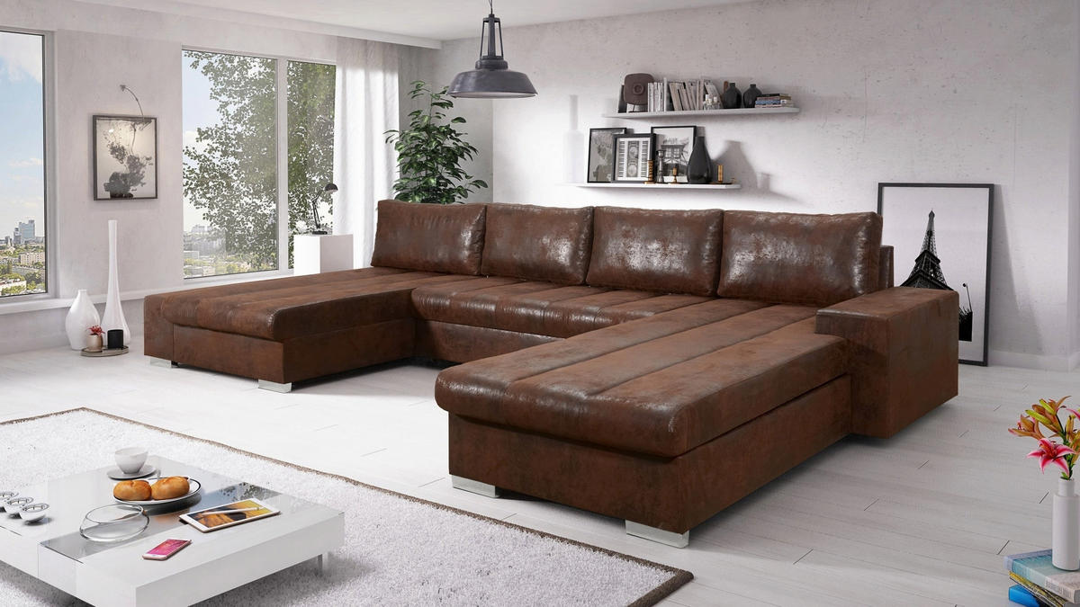 WOHNLANDSCHAFT VERONA U-Form mit Schlaffunktion, Bettkasten und Wellenfederung – Großzügiges Ecksofa 387 cm - Braun, Kunststoff (387/85/213cm) - Wohnideebilder