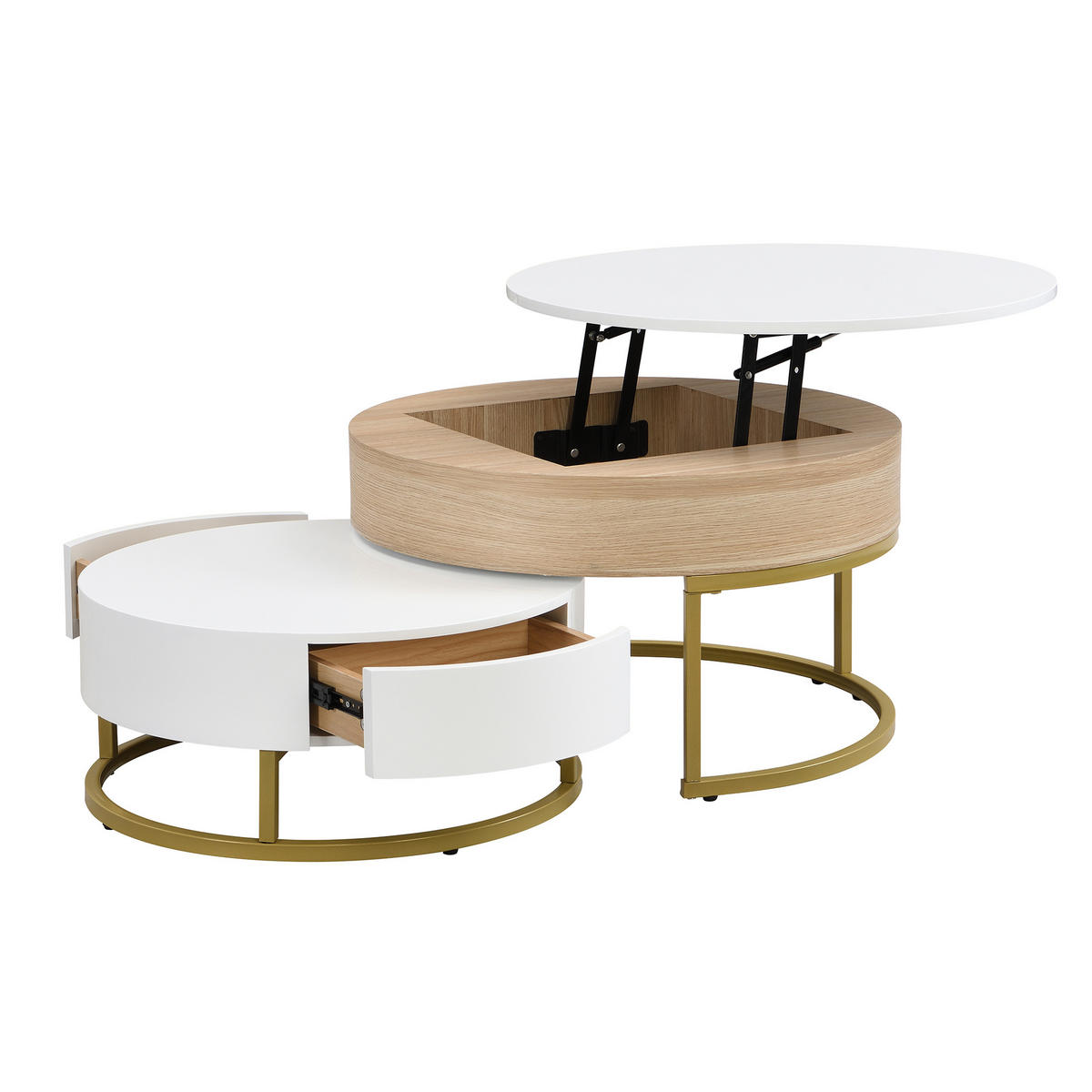 COUCHTISCH Set 2-tlg Gold Hochklappbar 2 Schubladen Satztisch Kombination - Weiß, Holz (78.5/78/22cm) - FLIEKS