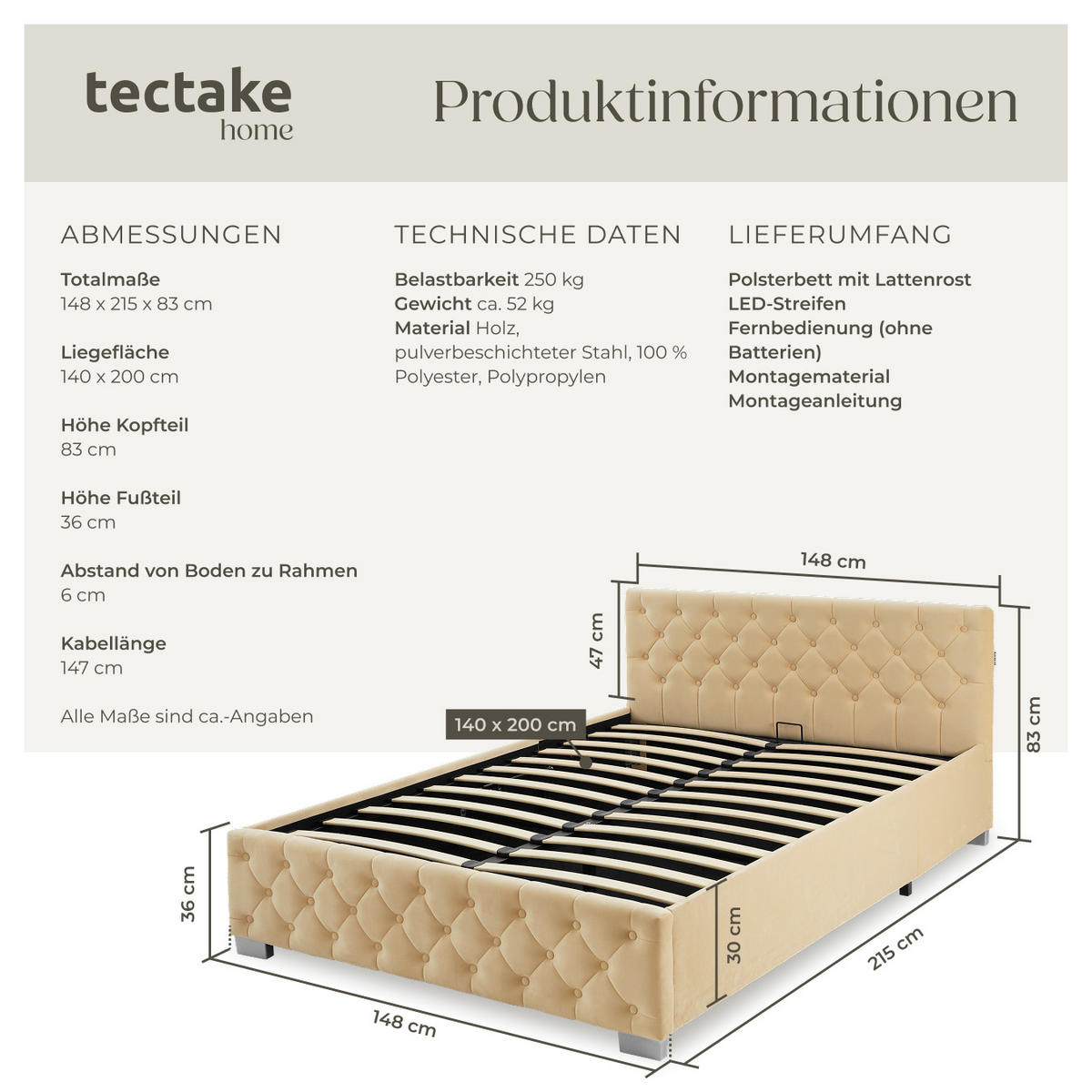 POLSTERBETT Venice,großer Stauraum,beige - Beige, Holz (140/200cm) - tectake