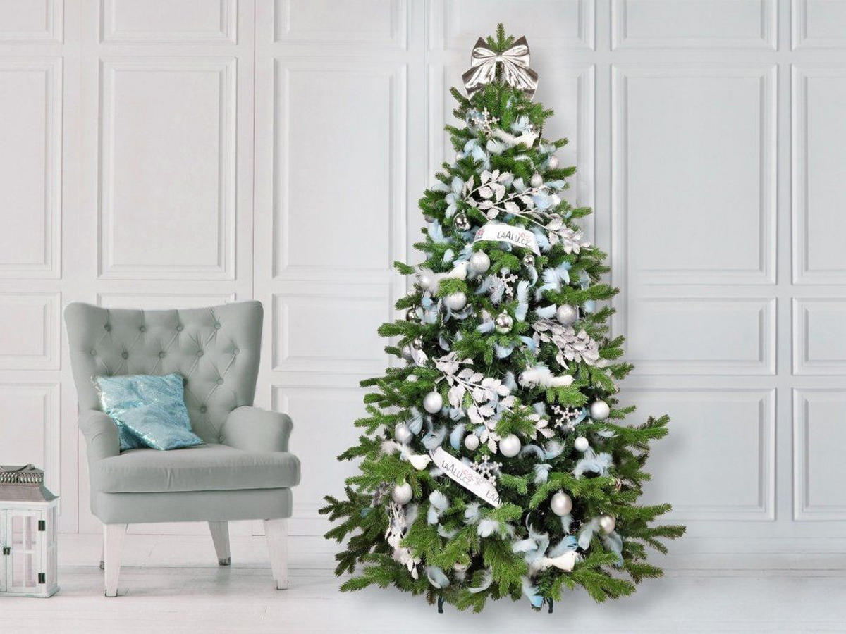 WEIHNACHTSBAUM künstlicher 270 cm, HIMMELSSILBER, mit 131-teiligem Weihnachtsbaumschmuck, inkl. Metallständer und Aufbewahrungsbox - Blau/Silberfarben, Kunststoff/Metall (157/270cm) - LAALU