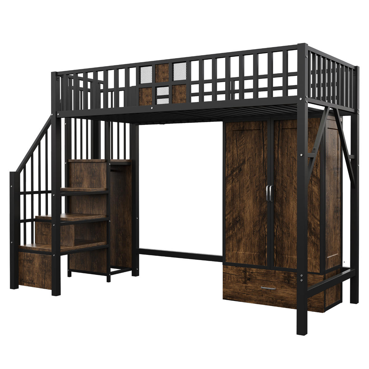 HOCHBETT 90x200 Metall Holz Gitter Kleiderschrank Stauraum Schwarz - Schwarz, Holzwerkstoff - FLIEKS