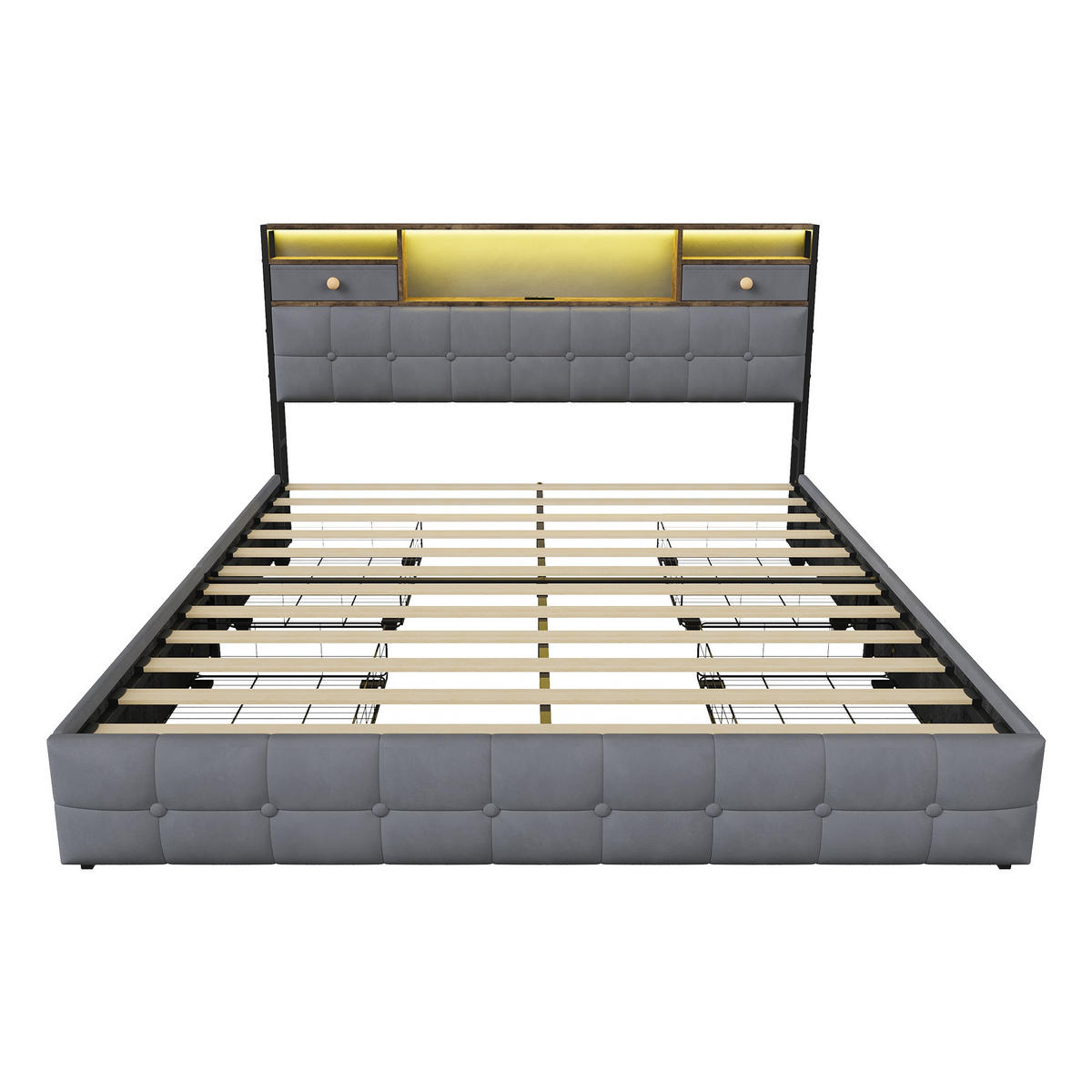 STAURAUMBETT 160/200 cm aus Samt, mit 4 seitlichen Schubladen + 2 Kopfteil-Schubladen, LED und USB-Anschluss, Grau - Grau, Textil (160/200cm) - Waldena