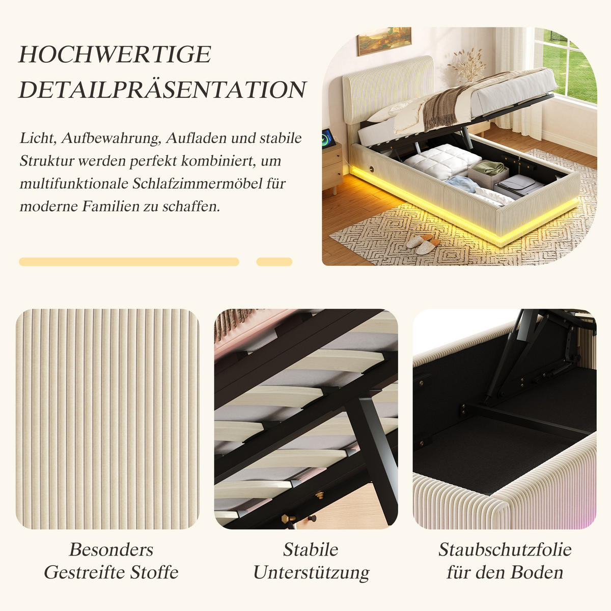 POLSTERBETT 90x200 cm LED USB Stauraum beige - Beige, Textil (90/200cm) - LEBENLANG