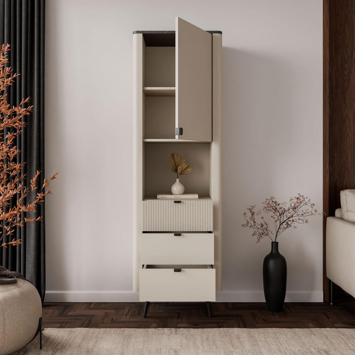 REGAL schmal AUTUMN 1D3S mit Schubladen, Kaschmir / Grauer Stein - Beige/Grau, Holzwerkstoff (60/191/40cm) - Lookway