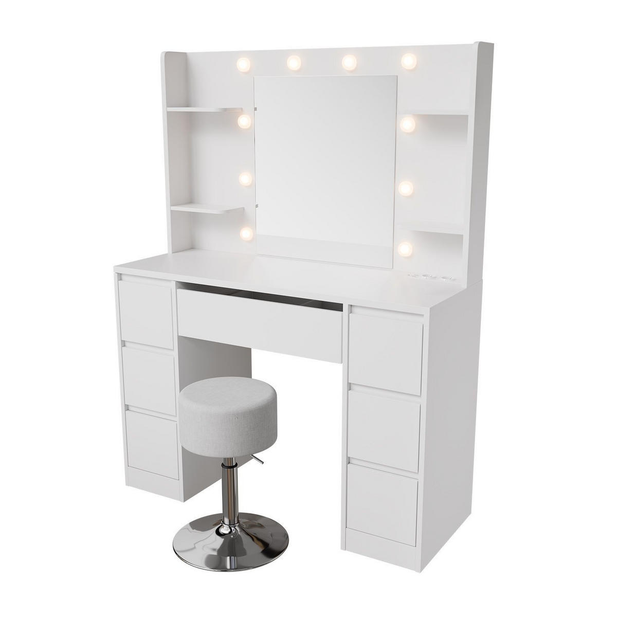 SCHMINKTISCH Malia mit LED und Hocker Tonia - Weiß, Holz (107/140/40cm) - Juskys