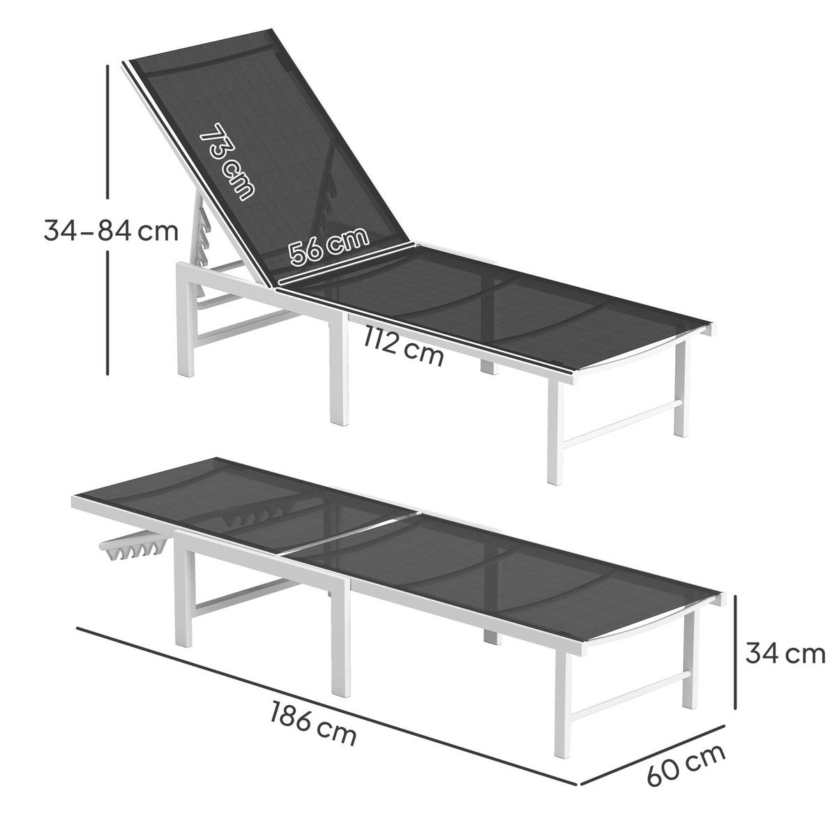 SONNENLIEGE Liegestuhl mit 5-fach verstellbarer Rückenlehne Weiß und Grau 60 x 166 x 84 cm - Grau, Metall (60/84/166cm) - Vallsero