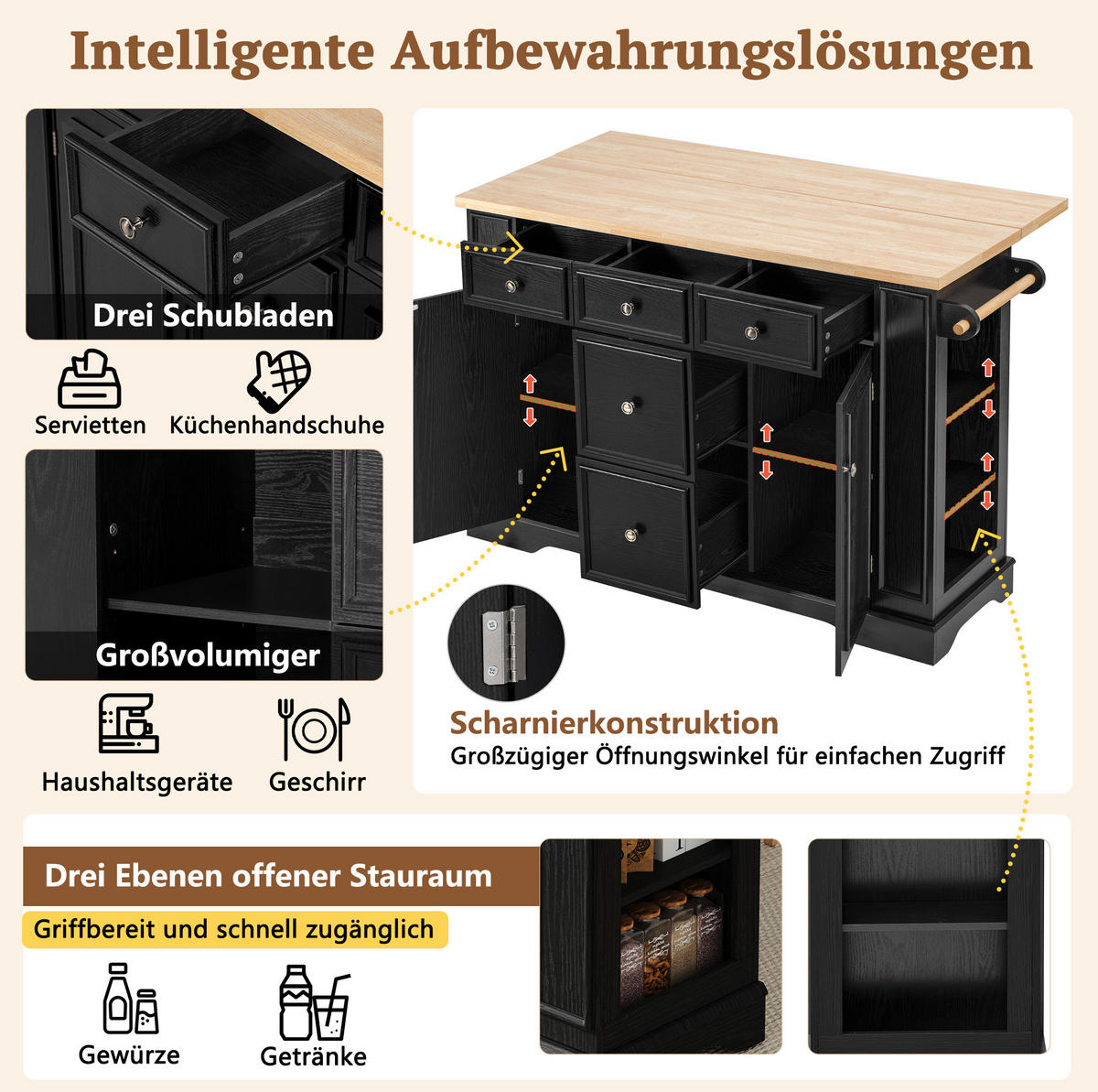 KÜCHENINSEL 130,5/40-65/92 cm schwarz mit klappbarer Arbeitsplatte und Ladestation - Schwarz, Holzwerkstoff (130.5/92/65cm) - OKWISH