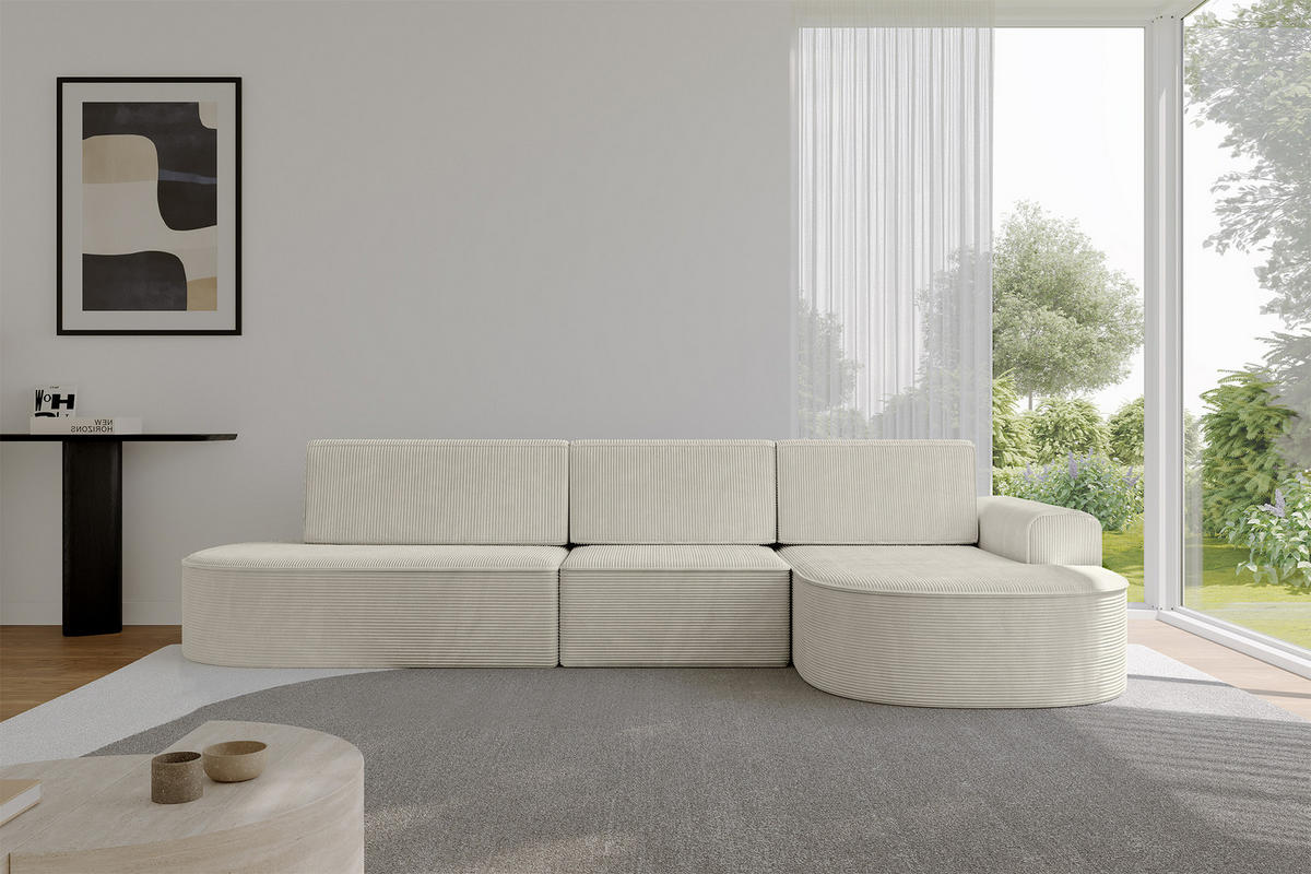 ECKSOFA mit Schlaffunktion Ottomane RECHTS MARI L2-S 368X167X85 Creme Cord - Creme/Schwarz, Holzwerkstoff/Kunststoff (167/368cm) - ALTDECOR