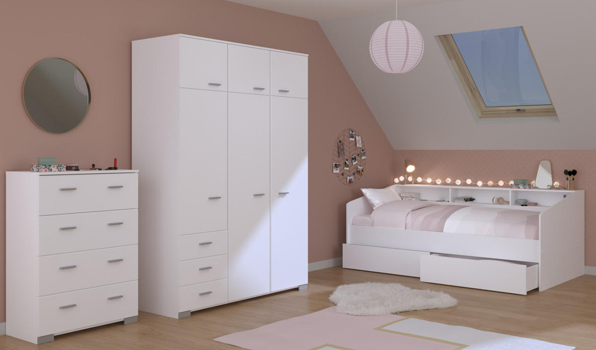 KINDERZIMMER Set 3-tlg. Kleiderschrank Kommode Bett 90x200 cm - Silberfarben/Weiß, Holz/Holzwerkstoff (206/203/113cm) - Parisot Meuble