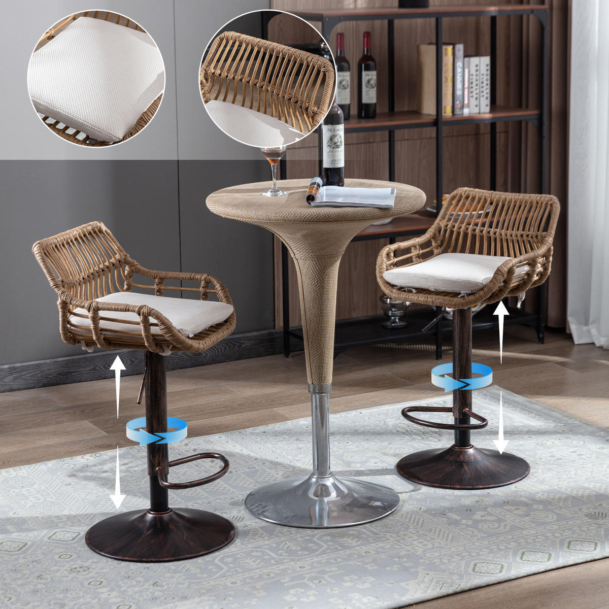 BARHOCKER 2er Set Höhenverstellbar, 360° drehbar, Fußstütze, Rattan - Weiß, Metall (49/109/48cm) - PARAFTA HOME