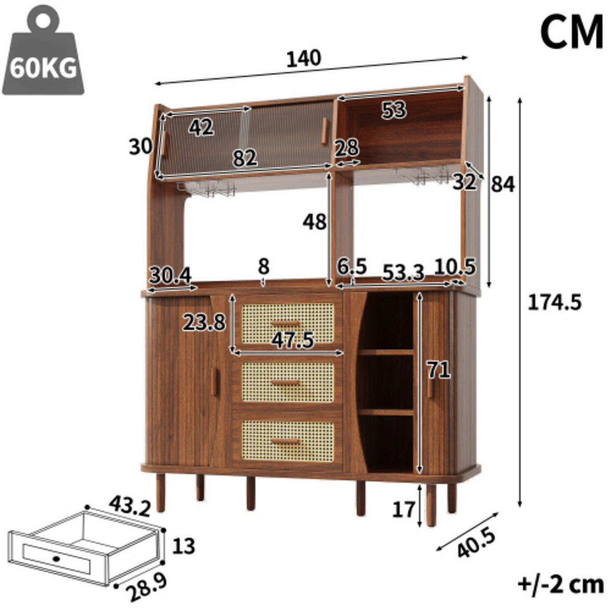 HOCHSCHRANK Nussbaumoptik aus MDF und Metall mit Rattanschubladen & Glasschiebetüren 140×40,5×174,5 cm - Nussbaumfarben, Holzwerkstoff (140/174.5/40.5cm) - Luhomfu
