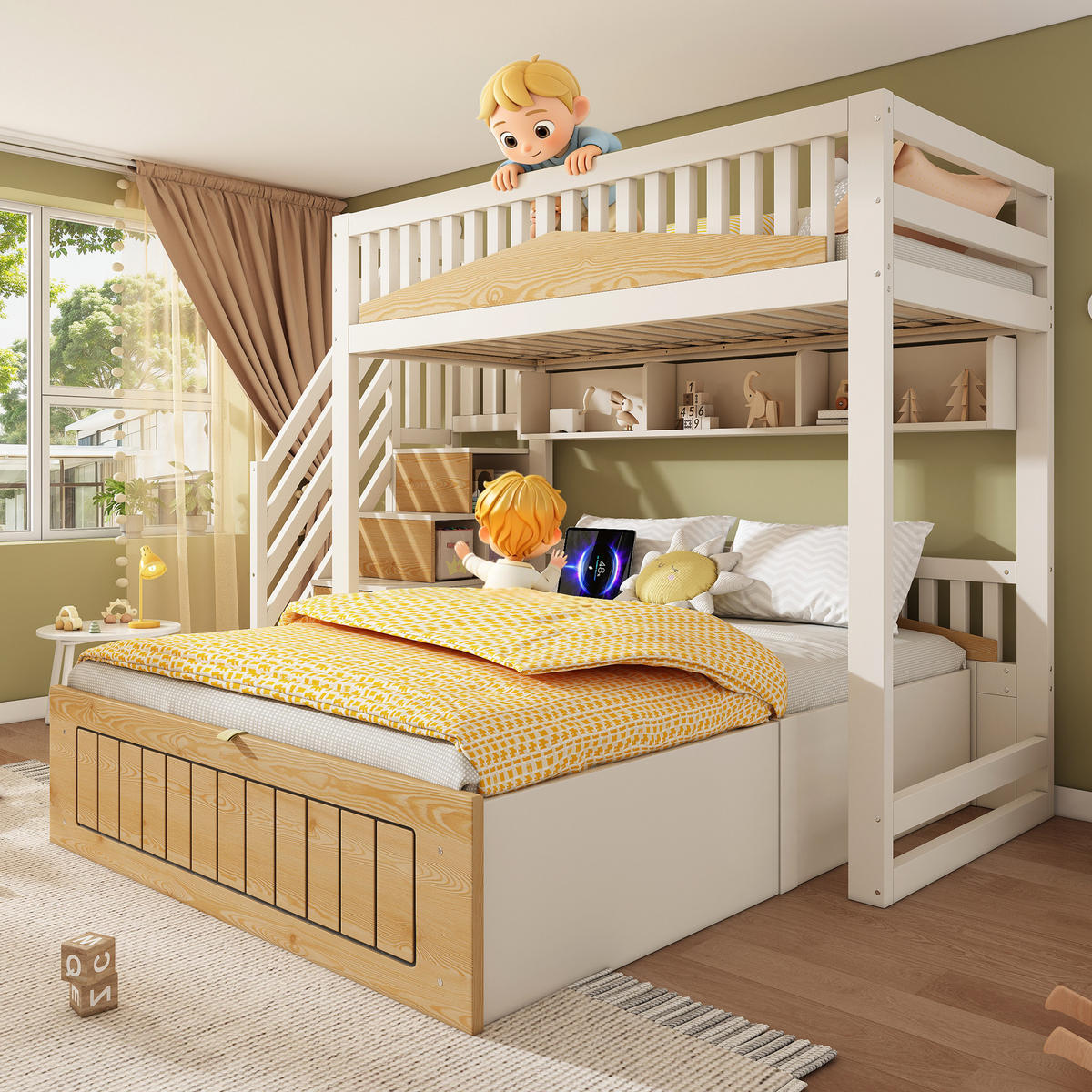 ETAGENBETT 90/140/200 cm mit Stauraum, Treppenschrank und USB/USB-C, Weiß/Natur - Weiß, Holzwerkstoff (90/200cm) - Redom