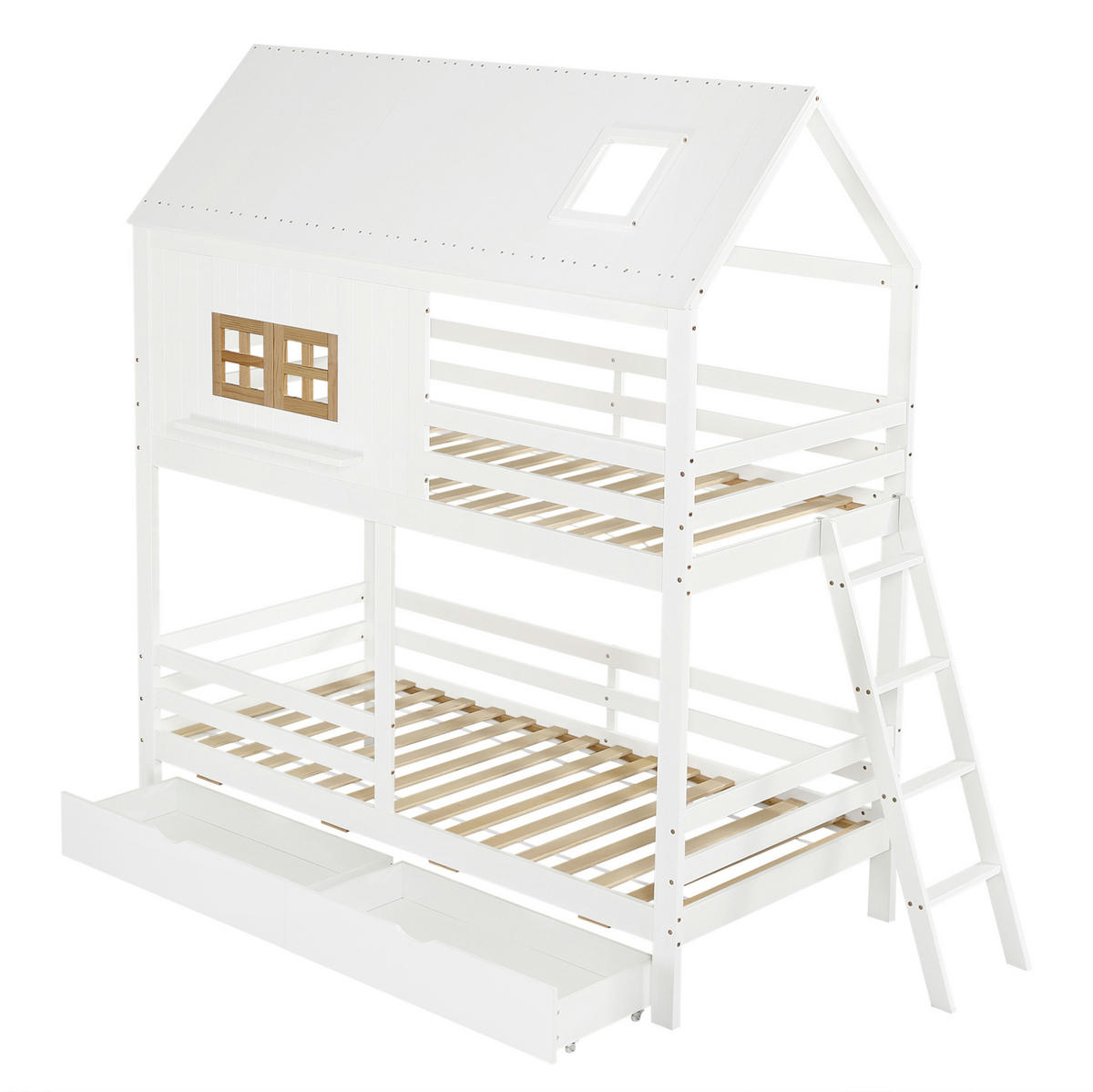 ETAGENBETT 90/200 cm aus Kiefer und MDF mit Dach, Fenstern, Leiter und 2 Schubladen, Weiß/Natur - Weiß, Holz (90/200cm) - Redom