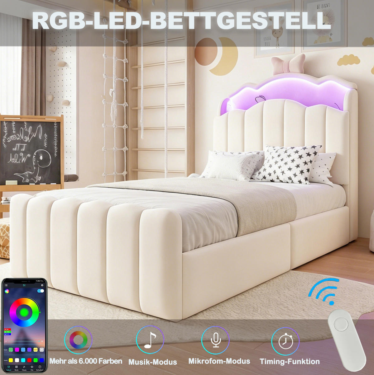 KINDERBETT 90x200 cm in Beige mit LED-Beleuchtung, Stauraum und USB-Anschlüssen - Beige, Textil (90/200cm) - IVMEU