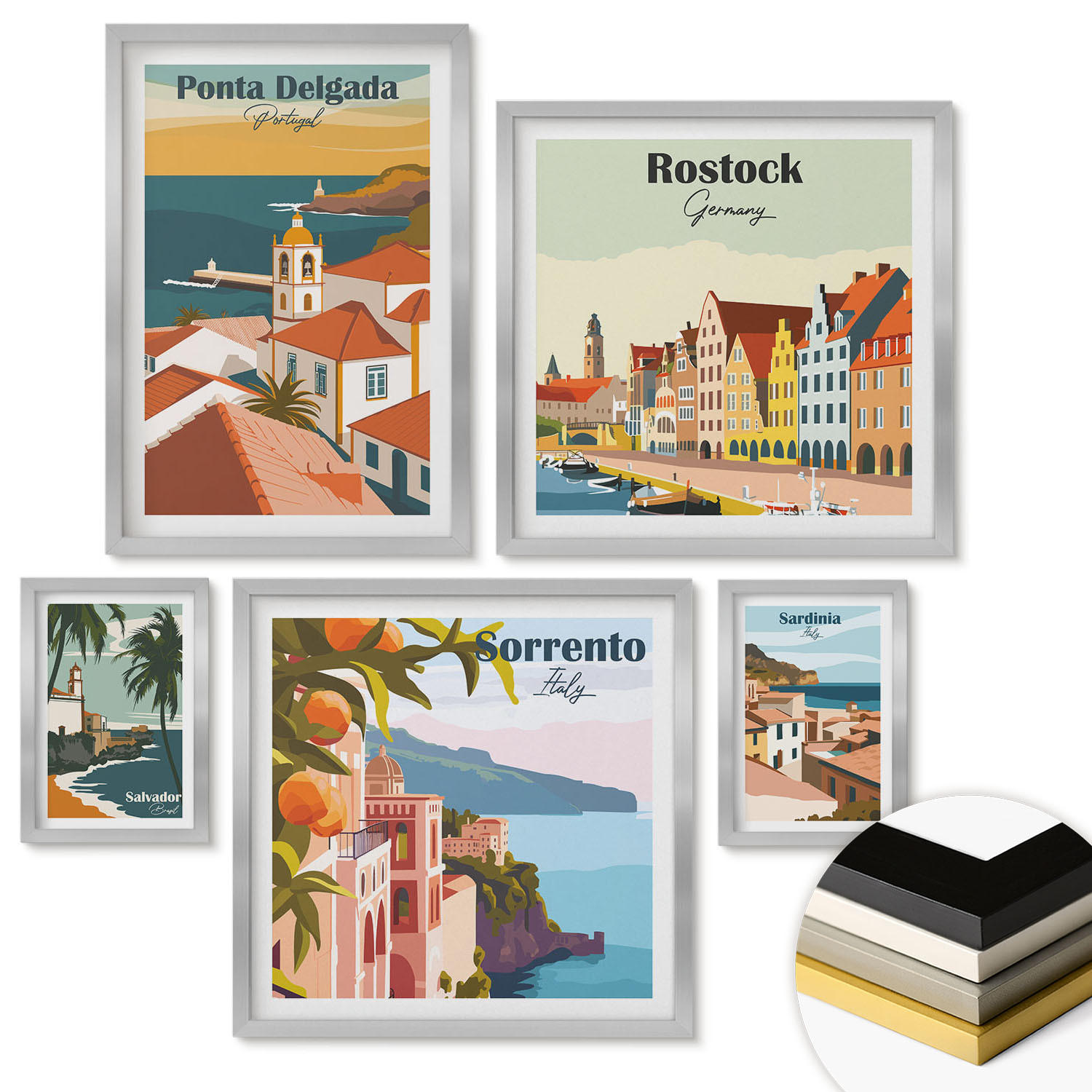 WANDBILDER 5er Set - 50x50 cm & 20x30 cm & 40x60 cm Silberner Rahmen - Tropische Strände und Palmen - Silberfarben, Kunststoff (40/60cm) - ArtPrintCave