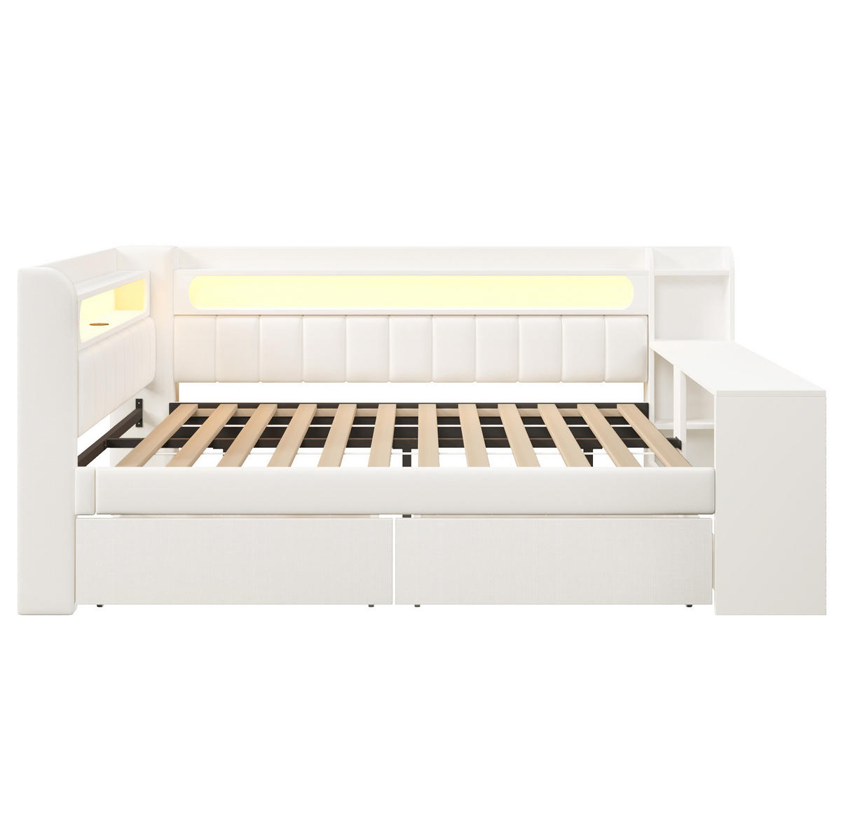 TAGESBETT aus MDF und Sperrholz 140x200 cm Weiß mit Schreibtisch, 2 Schubladen, LED und USB - Weiß, Holzwerkstoff (140/200cm) - IVMEU
