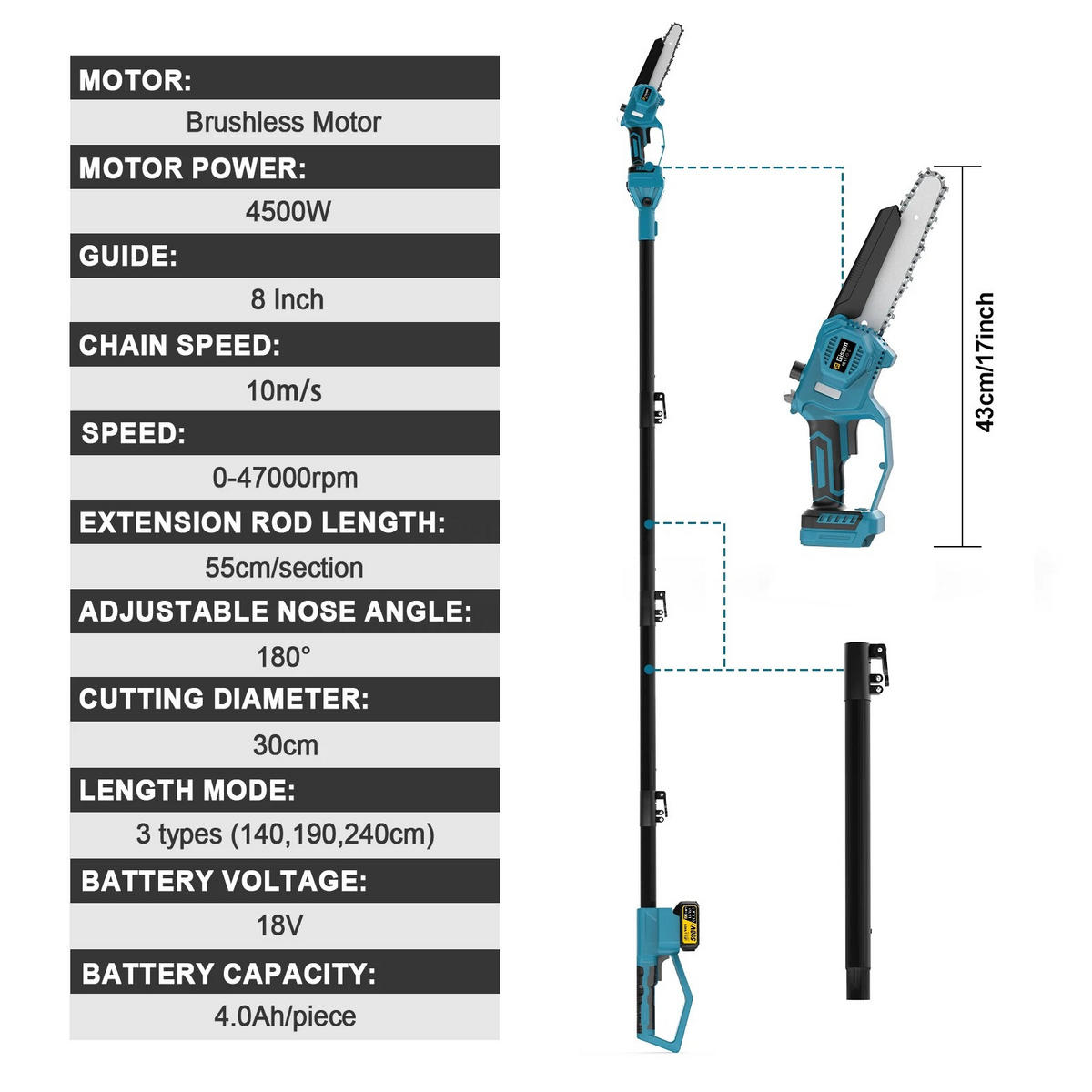 KETTENSÄGE Teleskopstange Bürstenlos Ohne Akku Blau - Blau, Metall (140/43/10cm) - Kaket