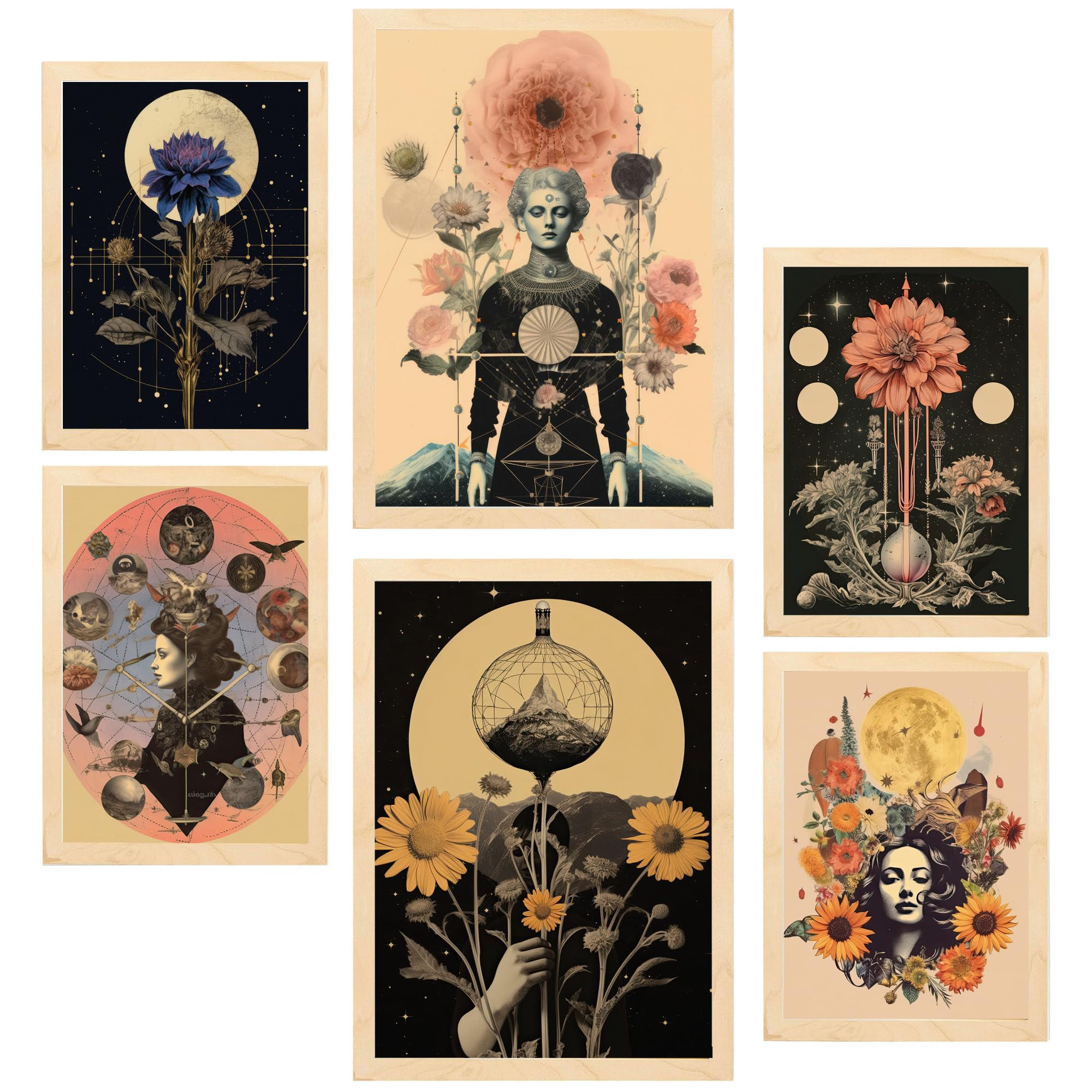 POSTER Set Mit 6 Mystischen Esoterischen In Pastelltönen A3 & A4 Rahmen Aus Hellem Holz - Beige, Papier (29/3cm) - Nacnic