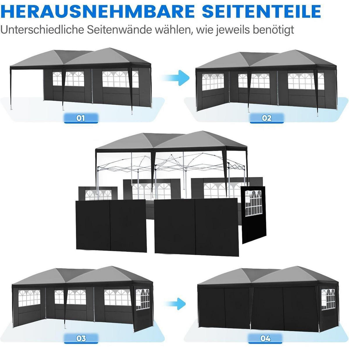 FALTPAVILLON 3x6m wasserdicht mit Seitenwänden und UV-Schutz 50+ Schwarz - Schwarz, Textil (300/277/600cm)
