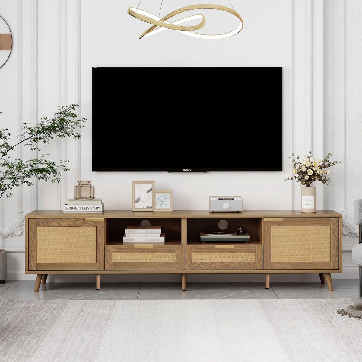 LOWBOARD 200/37/49 cm aus Holzwerkstoff mit Rattandesign Eichefarben - Braun, Holzwerkstoff (200/49/37cm) - Modenvie
