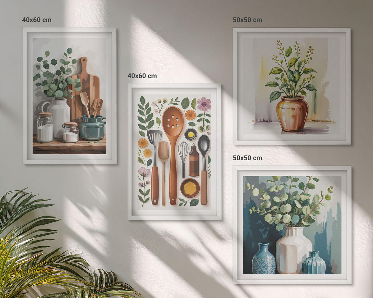 BILDER SET 4er Set - 50x50 cm & 40x60 cm Weißer Rahmen - Küchenaccessoires auf pflanzlicher Basis - Weiß, Kunststoff (50/50cm) - TULUP