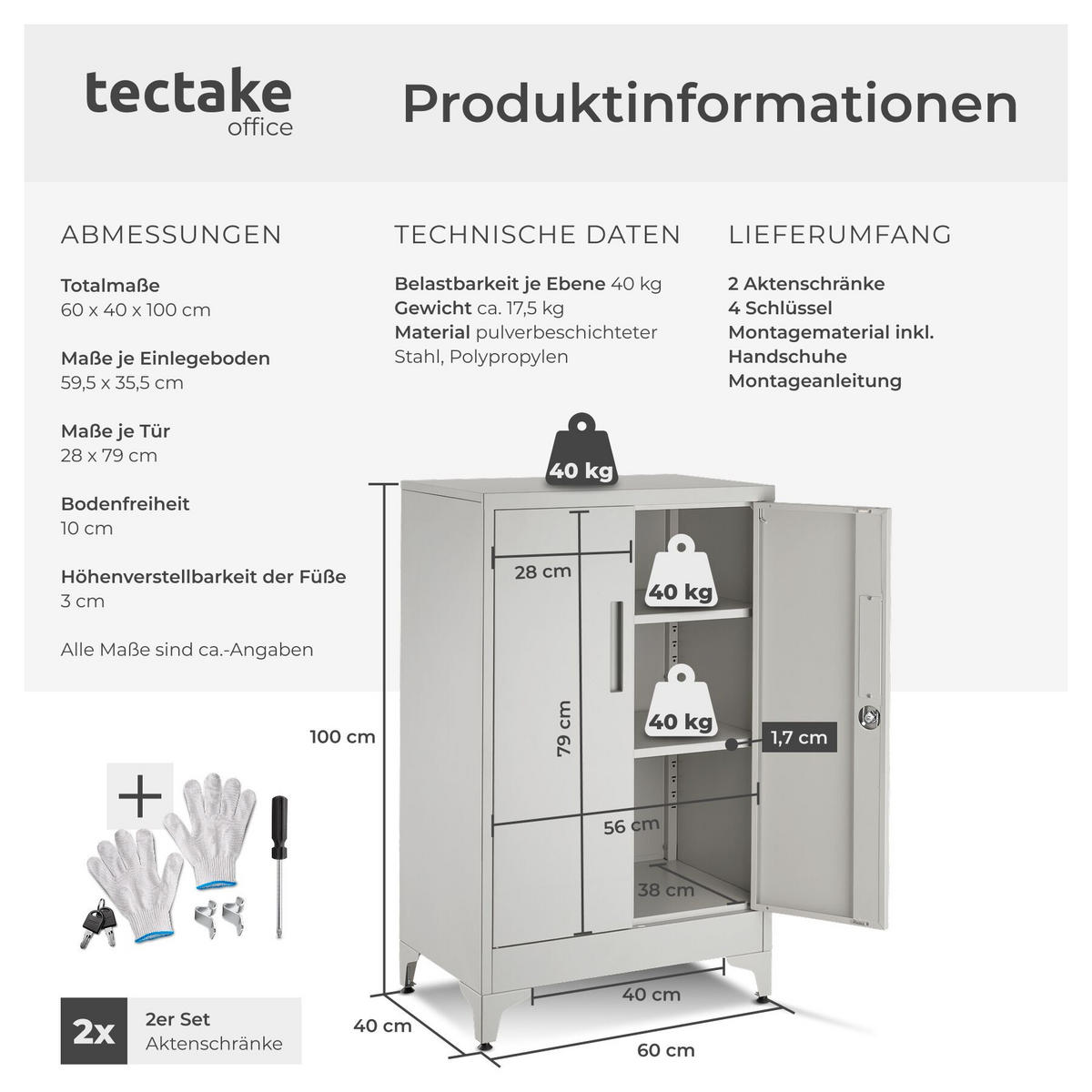 AKTENSCHRANK Blake, Kippschutz, höhenverstellbare Füße, grau - Grau, Metall (60/100/40cm) - tectake