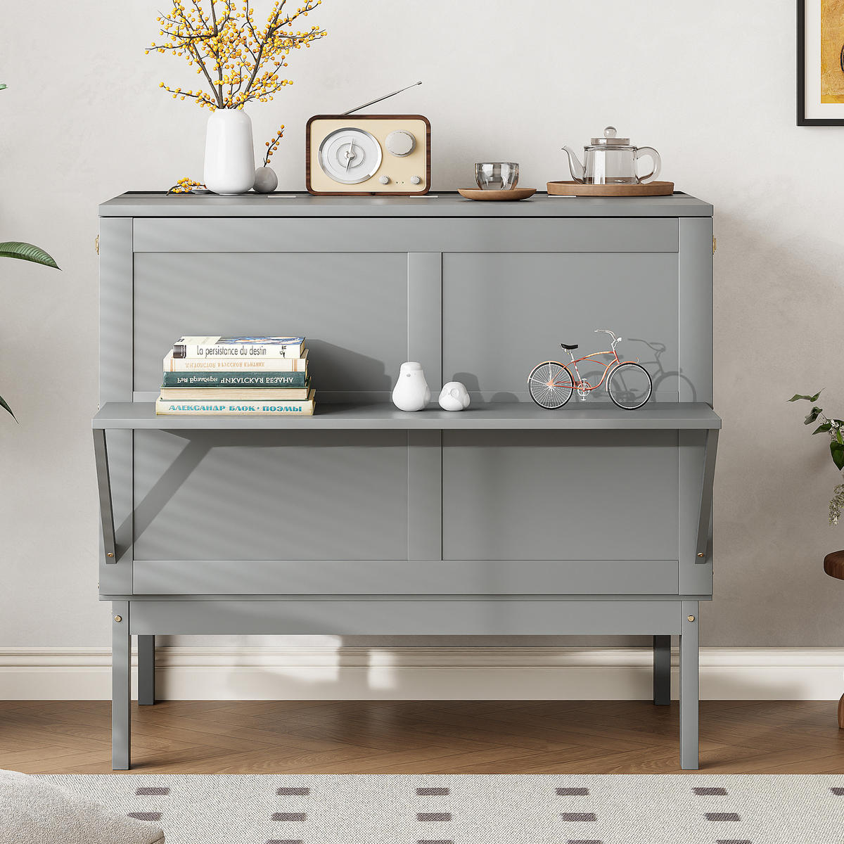 SCHRANKBETT 90/200 cm grau mit Lattenrost und Hochschrank-Design - Grau, Holz (90/200cm) - OKWISH