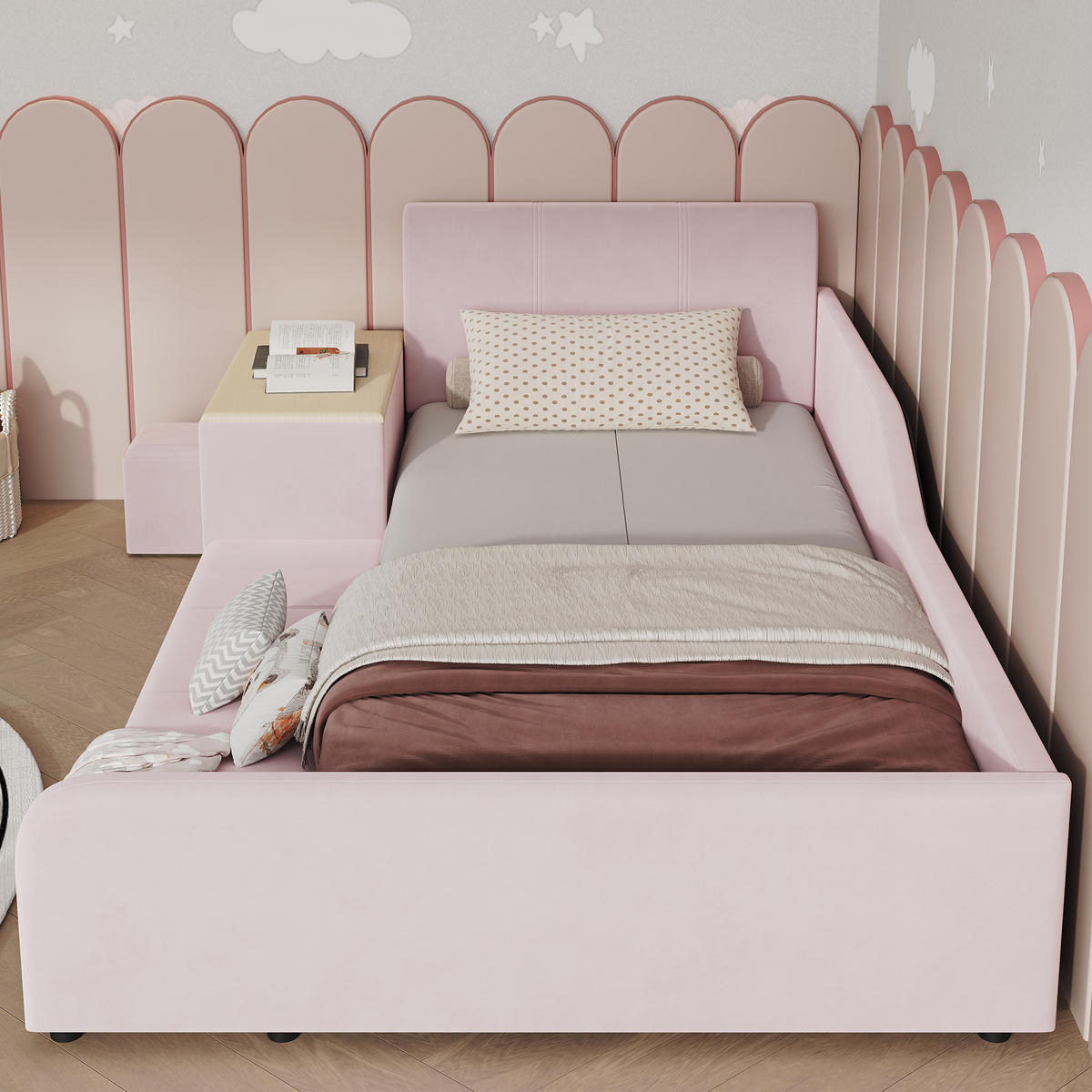 POLSTERBETT 90/200 cm in Pink mit Schreibtisch, Hocker und Ablageboden aus Samt - Rosa, Holzwerkstoff/Textil (90/200cm) - STILVORA
