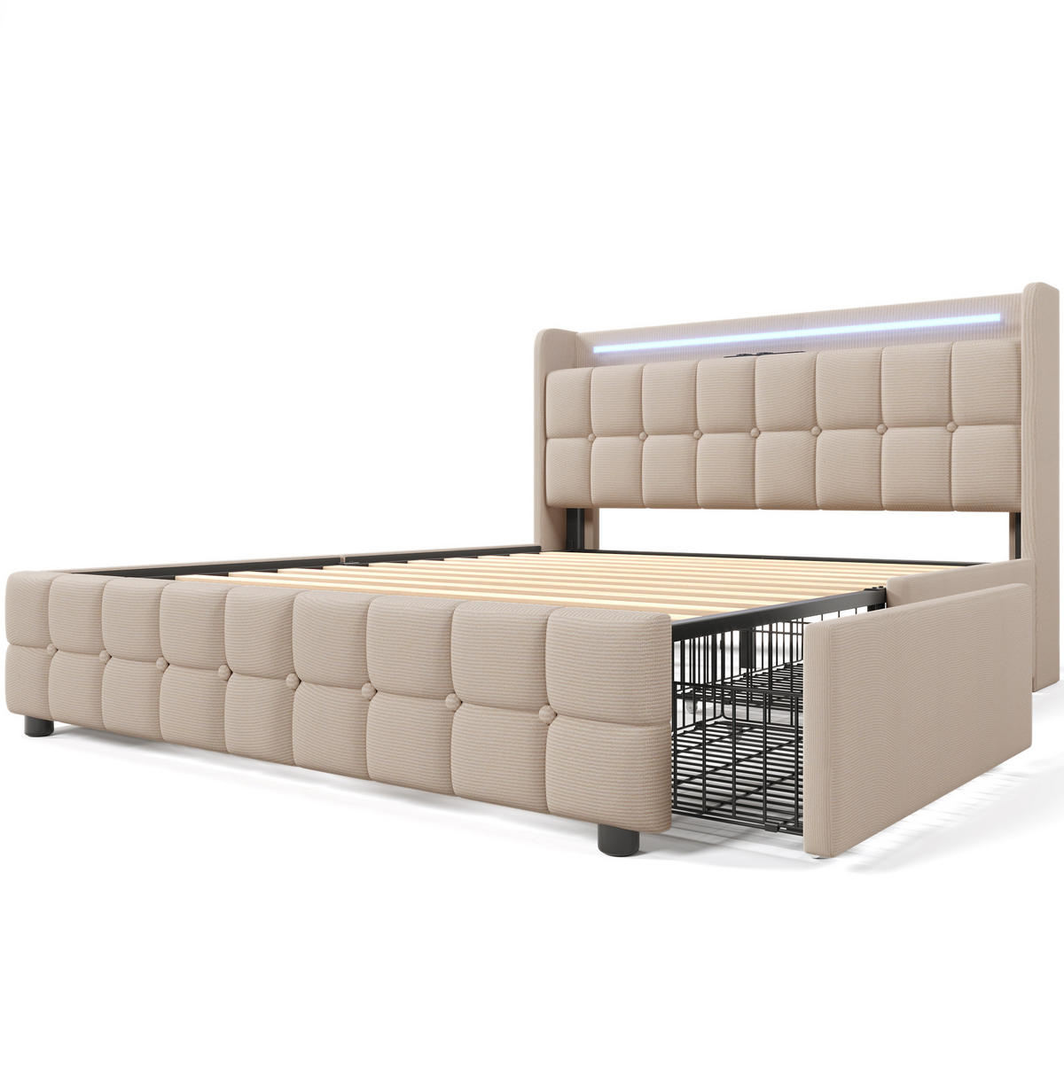 POLSTERBETT 140/200 cm mit LED-Beleuchtung, USB und 4 Schubladen in Beige - Beige, Holz (140/200cm) - BEAOK