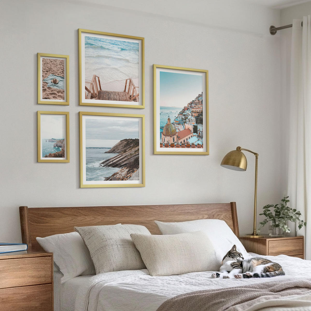 BILDER SET 5er Set - 50x50 cm & 20x30 cm & 40x60 cm Goldrahmen - Berglandschaften und Wasserfälle - Goldfarben, Kunststoff (40/60cm) - TULUP