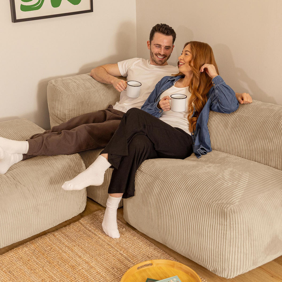 SITZSACK-SOFA 3-tlg. ZEN: Ecksessel, Sessel, Fußstütze - Beige, Textil (290/68/100cm) - icon