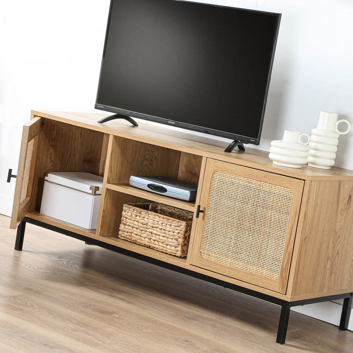 TV-MÖBEL mit 2 Türen, Rattangeflecht und 2 Ablagen - L120cm - Eschefarben, Holzwerkstoff (39/51/45cm) - Calicosy