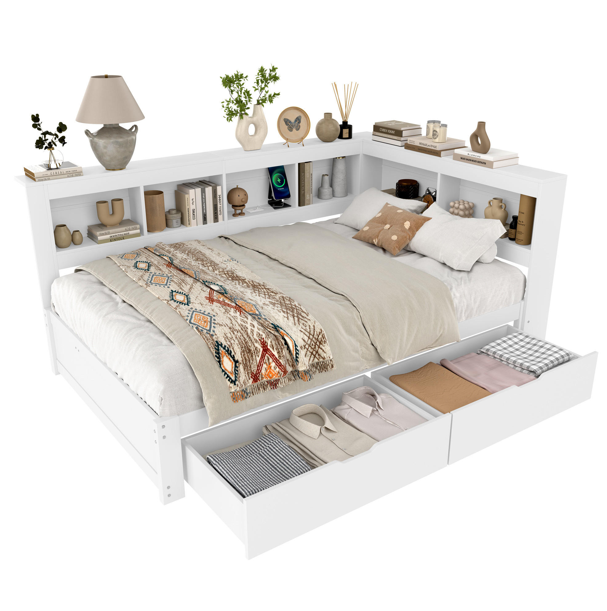 POLSTERBETT 140/200 cm mit 2 Schubladen, Ablagefächern, Steckdose und 2 USB-Anschlüssen, Weiß - Weiß, Holzwerkstoff (140/200cm) - Redom