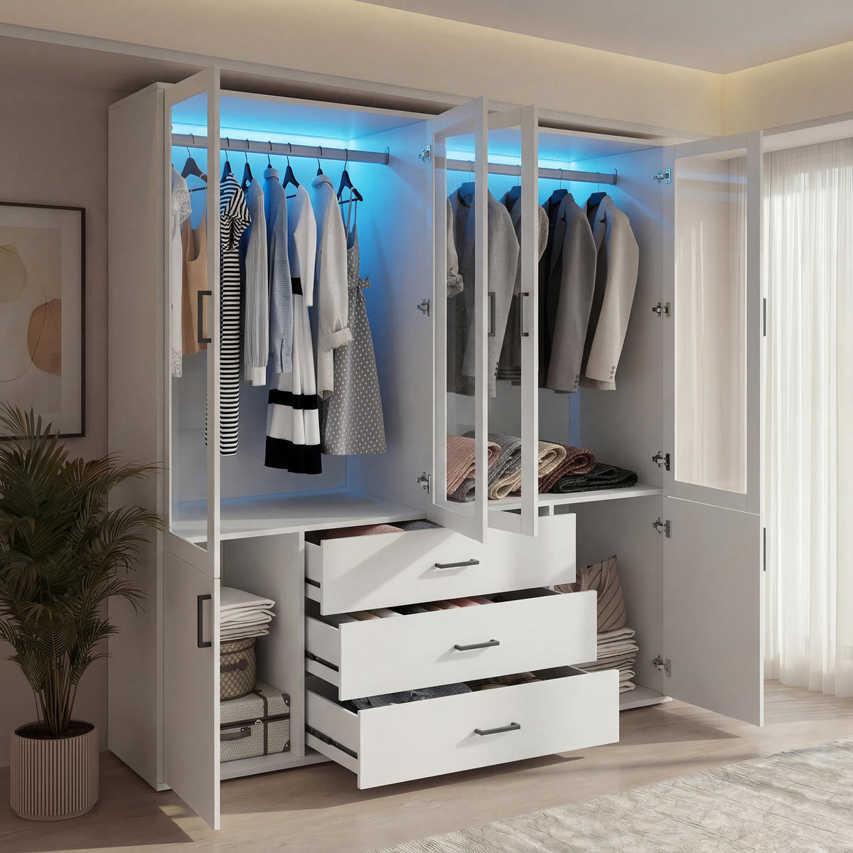 KLEIDERSCHRANK 4-türig Weiß mit Glastüren & LED-Licht - Weiß, Holzwerkstoff (51.8/182/160cm) - SHOPENTRA