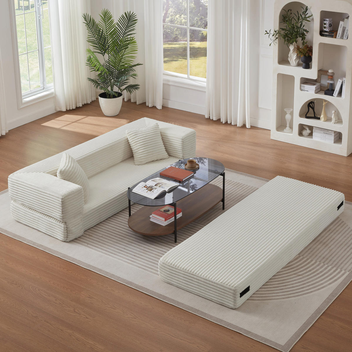 SCHLAFSOFA aus Cord in Weiß 2-lagiges Design & zum Doppelbett ausklappbar - Weiß, Textil (76/60/200cm) - Urban Meuble