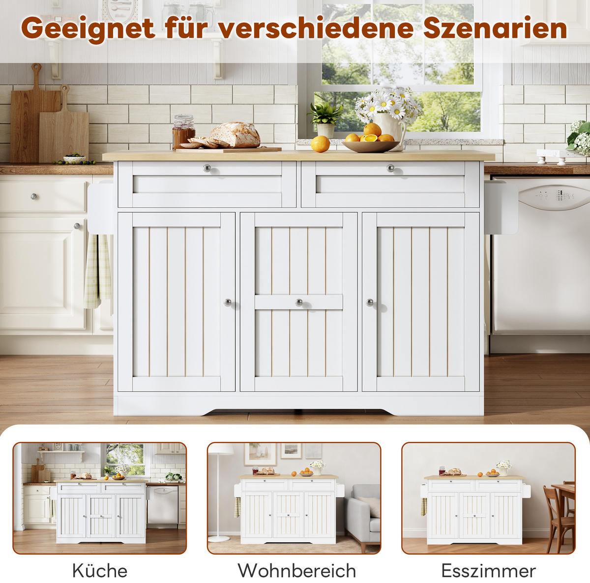 KÜCHENINSEL mit klappbarer Arbeitsplatte 120 x 70 (45+25) x 92 cm Natural White - Naturfarben, Holz (70/92/120cm) - Beauniv