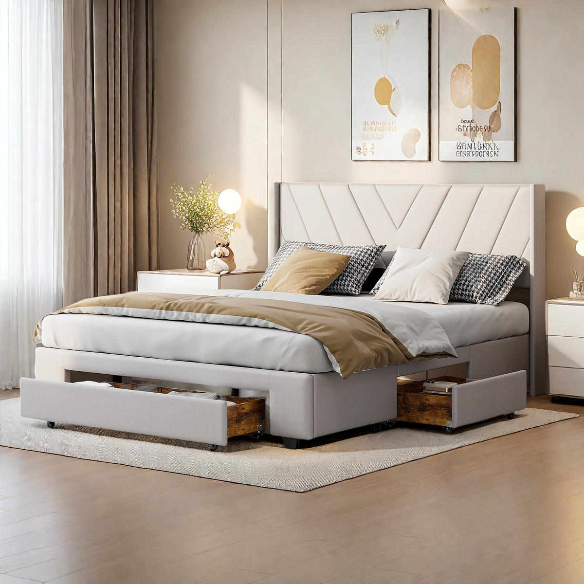 DOPPELBETT 140x200 Beige Leinen 3 Schubladen pflegeleicht - Beige, Metall (140/200cm) - SHOPENTRA