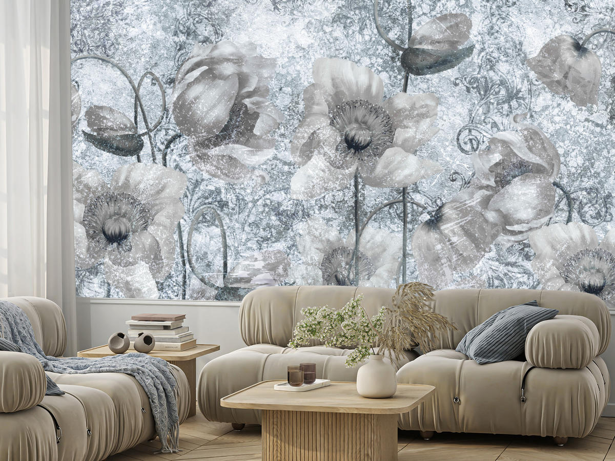 FOTOTAPETE für Wohnzimmer Grau Mohnblumen Beton Blumen Blätter 100x70 - Grau, Papier (100/70cm) - Muralo