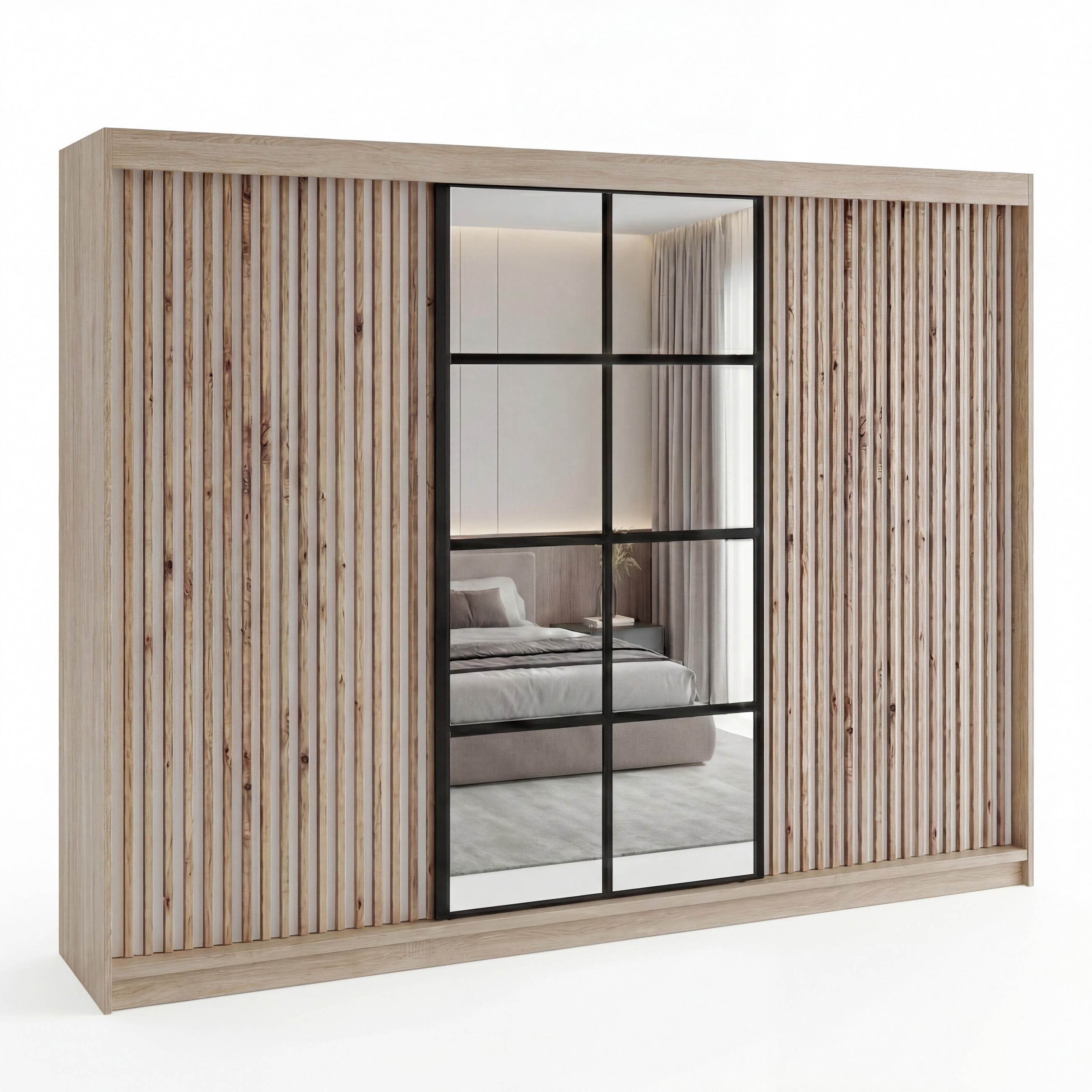 SCHWEBETÜRENSCHRANK NORIVO-Sonoma, Weiß-Lamelle, Schwarz-Spiegel, Weiß-Lamelle 200 cm - Schwarz/Braun, Holzwerkstoff (200/215/59.5cm) - A&J MöbelLand