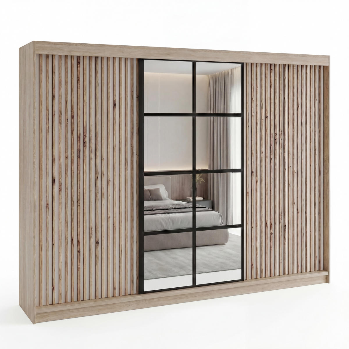 SCHWEBETÜRENSCHRANK NORIVO-Sonoma, Weiß-Lamelle, Schwarz-Spiegel, Weiß-Lamelle 200 cm - Schwarz/Braun, Holzwerkstoff (200/215/59.5cm) - A&J MöbelLand