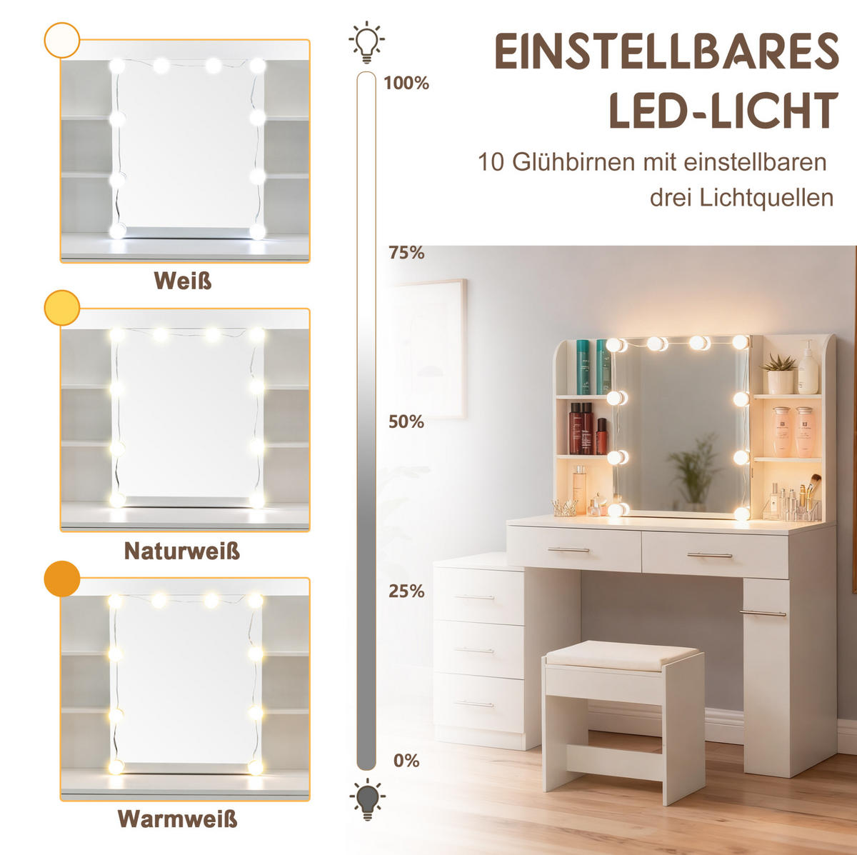 SCHMINKTISCH aus MDF 100x40x136 cm Weiß mit Schiebespiegel, verstecktem Stauraum, LED-Beleuchtung, Kommode, Eckregalen und Hocker - Weiß, Holzwerkstoff (100/136/40.5cm) - Modfu