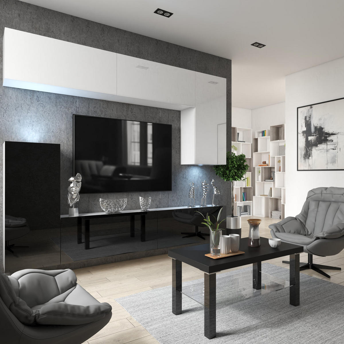 WOHNWAND Milano 8, Schwarz Hochglanz/Weiß Hochglanz, 250 cm, Grifflos - Weiß, Holz (250/115/36cm) - B BELINI GROUP