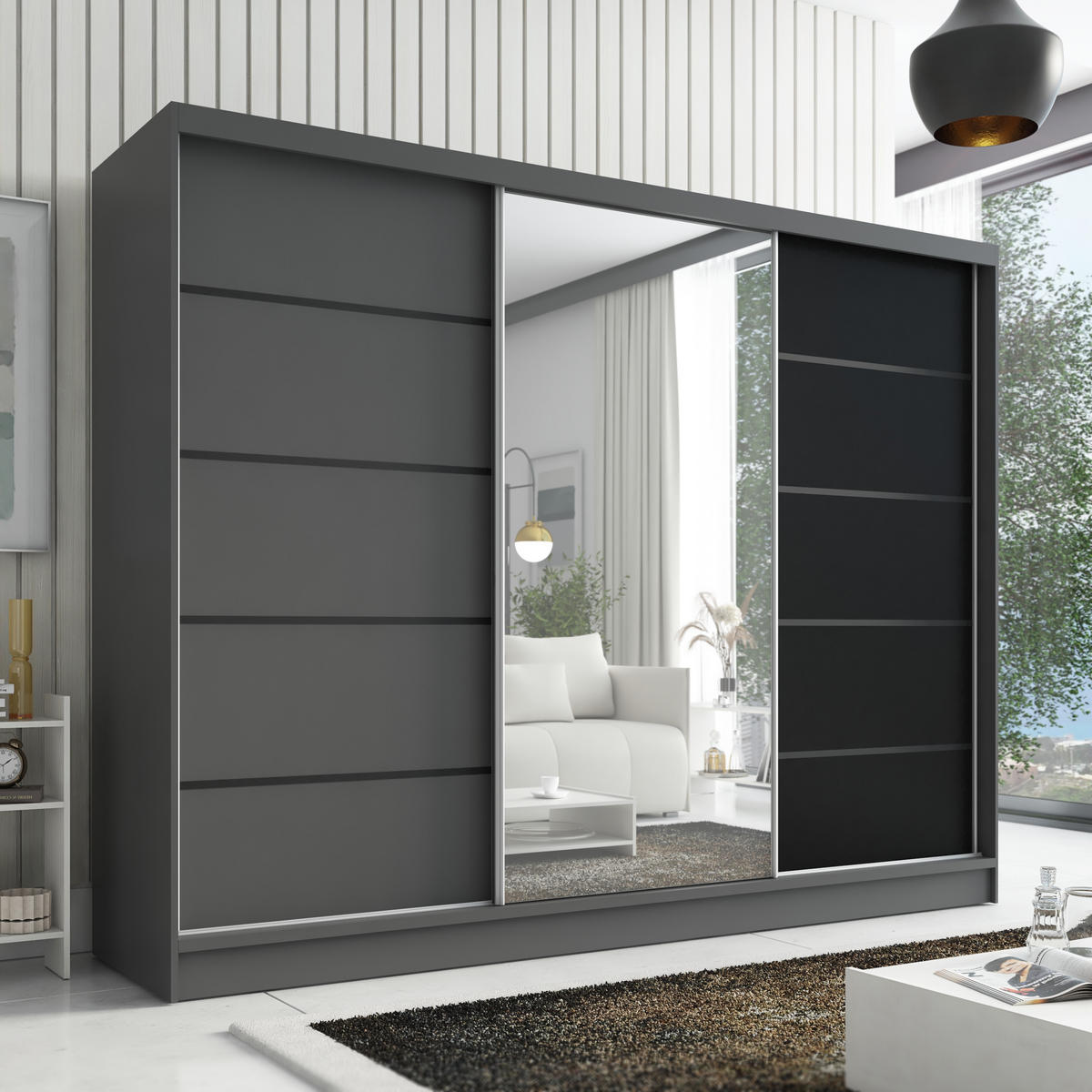 SCHWEBETÜRENSCHRANK 200 cm AURELIA 2 Farbe: Graphit, Graphit, Schwarz - Graphitfarben/Schwarz, Holzwerkstoff (200/215/60cm) - A&J MöbelLand