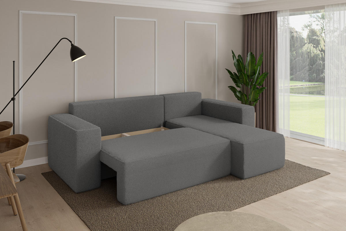 ROHOVÁ SEDAČKA s funkcí spaní, otoman vpravo SENO-L 249x139x85 šedá bouclé - šedá/černá, kompozitní dřevo/textil (249/139cm) - ALTDECOR