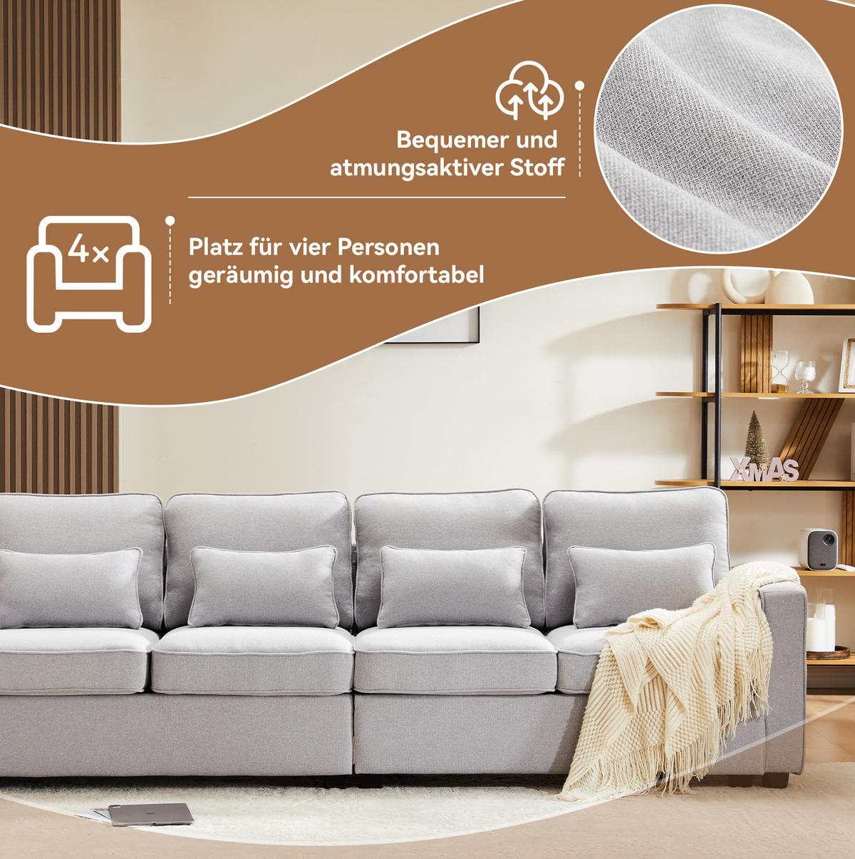 4-SITZER Sofa Leinenstoff mit Taschen an Armlehnen und 4 Kissen 264/83/87 cm Hellgrau - Hellgrau, Textil (87/264/83cm) - Redom